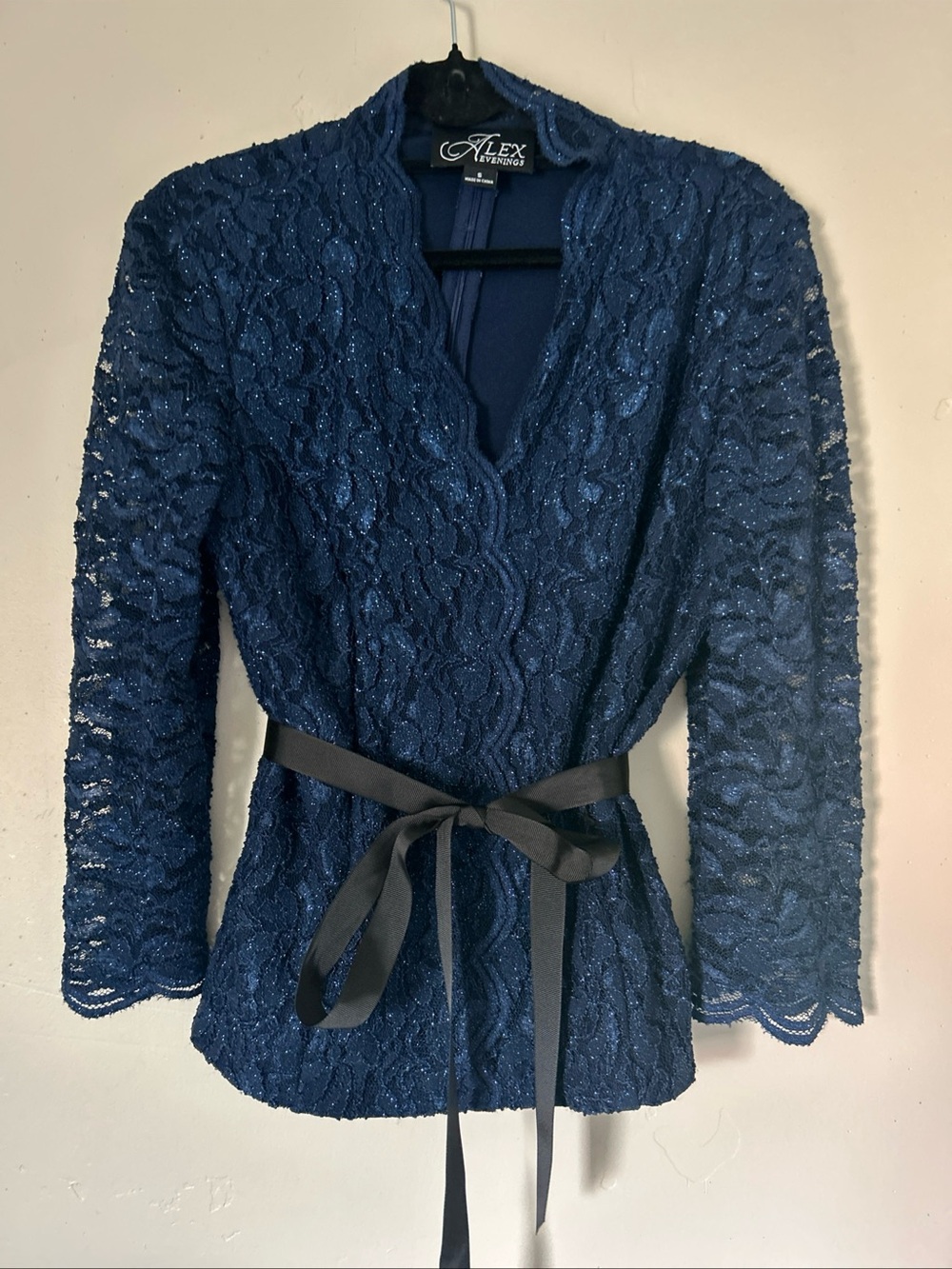 Alex Evenings Women's Blue Lace 3/4 Sleeve V Neck Shiny Dressy Top Sz Small